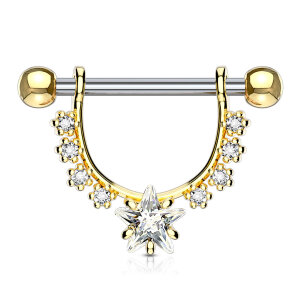 Stahl - Nipple Bar - Stern - Kristall Gold/CC