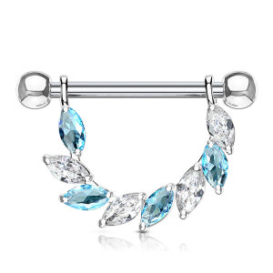 Steel - nipple piercing - marquise - 8 crystals Clear/Aqua