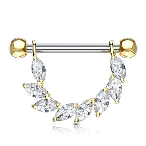 Stahl - Nipple Bar - Marquise - 8 Kristalle Gold/Clear