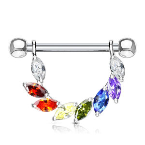 Steel - nipple piercing - marquise - 8 crystals Rainbow