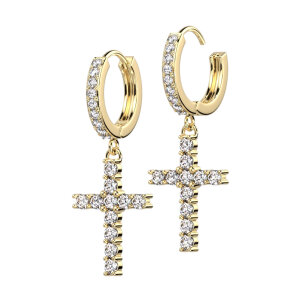 Steel -  Earrings - Cross - Crystal - Dangle Hoop  - Pair