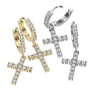 Steel -  Earrings - Cross - Crystal - Dangle Hoop  - Pair