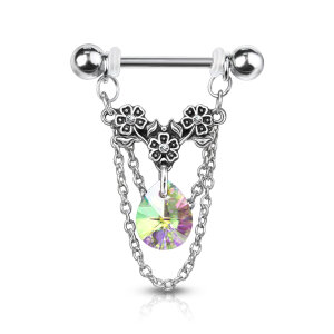 Steel - Nipple Bar - Flower - Hanging Drop - Crystal -...