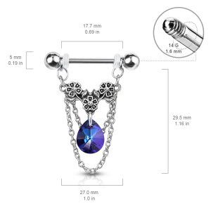 Steel - Nipple Bar - Flower - Hanging Drop - Crystal - Hanging Chains Aqua