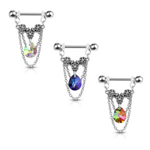 Steel - Nipple Bar - Flower - Hanging Drop - Crystal - Hanging Chains Aqua
