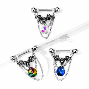 Steel - Nipple Bar - Flower - Hanging Drop - Crystal - Hanging Chains Aqua