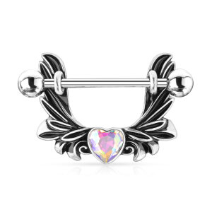 Steel - Nipple Bar - Angel Wings - Heart - Crystal
