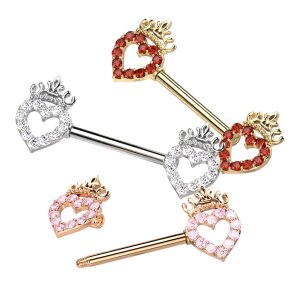 Steel - Nipple Bar - Heart with Crown - Crystal