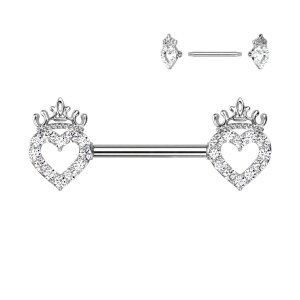 Stahl - Nipple Bar - Herz mit Krone - Kristall