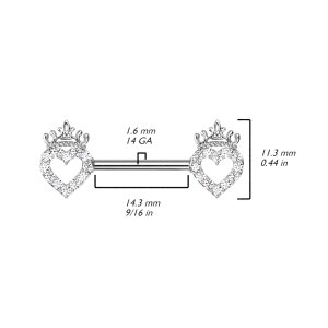 Steel - Nipple Bar - Heart with Crown - Crystal