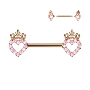 Stahl - Nipple Bar - Herz mit Krone - Kristall - Rosegold...