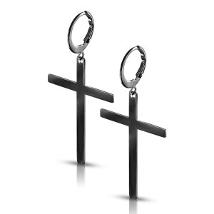 Steel -  Hoop Earrings- Cross - Dangle - Pair