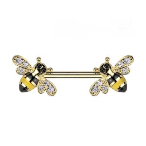 Stahl - Nipple Bar - Biene - Kristall Gold