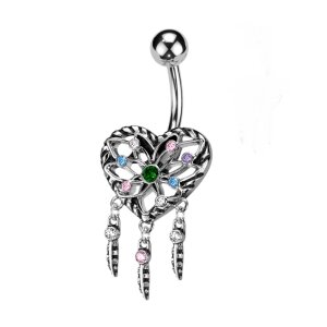 Steel - Belly Button - Heart Dream Catcher - Multi Color CZ