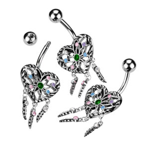 Steel - Belly Button - Heart Dream Catcher - Multi Color CZ