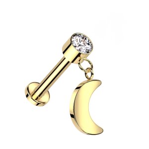 Titanium - labret - internal thread - crystal - hanging moon 1,2 x 6 mm Gold CC