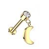Titanium - labret - internal thread - crystal - hanging moon 1,2 x 6 mm Gold CC