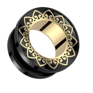 Stahl - Tunnel - Schwarz - Gold - filigraner Goldrand - Schraubegewinde 14 mm